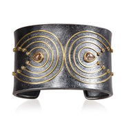 Todd Reed cuff bracelet with Fancy cut diamonds(~1.15ct), white brilliant cut diamonds(~.24ct), 18k yellow gold, and sterling silver with patina.